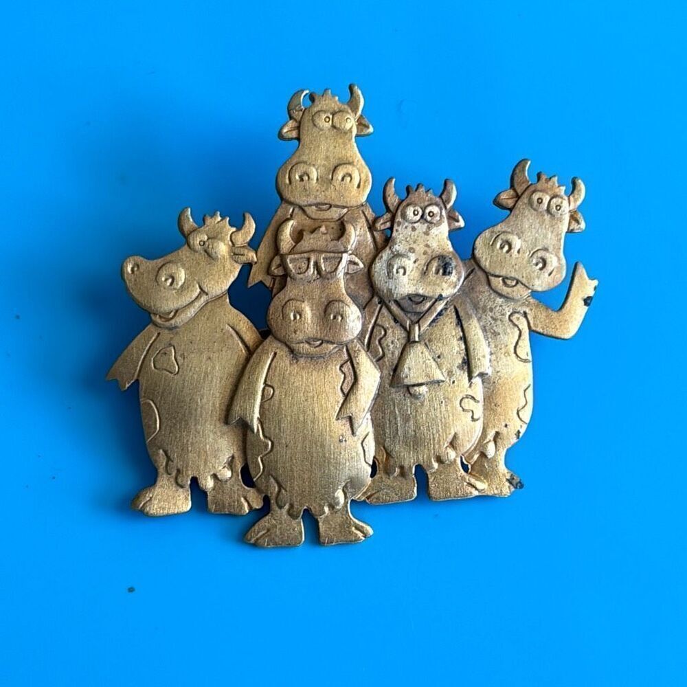 JJ Signed Jonette Jewelry Bunch of Happy Cows Pin Brooch 1988 Gold Tone Vintage